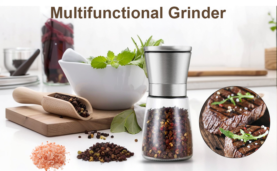 Premium Manual Pepper Grinder Mill with Stainless Steel Cap, Ceramic Blades and Adjustable Coarseness Grinder for Fresh Ground Pepper, Salt and Spices, 6 oz Glass Body (1Pcs)