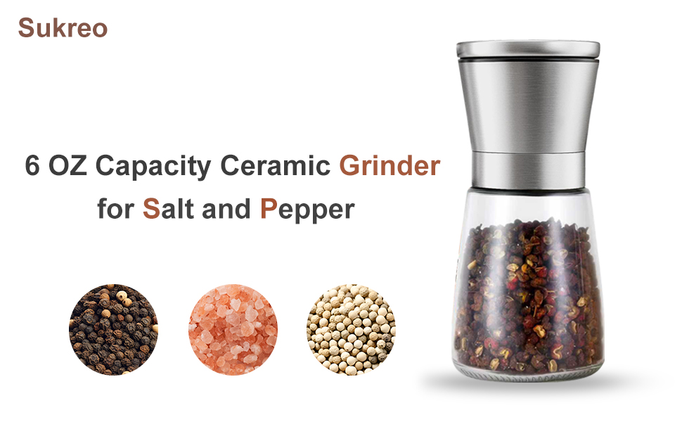 Premium Manual Pepper Grinder Mill with Stainless Steel Cap, Ceramic Blades and Adjustable Coarseness Grinder for Fresh Ground Pepper, Salt and Spices, 6 oz Glass Body (1Pcs)