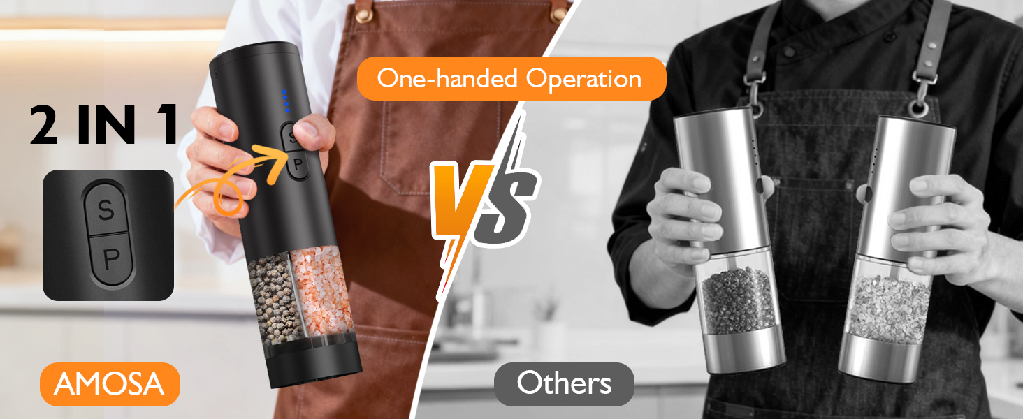 Electric Salt and Pepper Grinder Set, 2 in 1 Dual Bins USB Rechargeable Refillable Automatic Salt and Pepper Mill Shaker with LED Light, Dual Ceramic Grinder Adjustable Coarseness, kitchen gift, Black