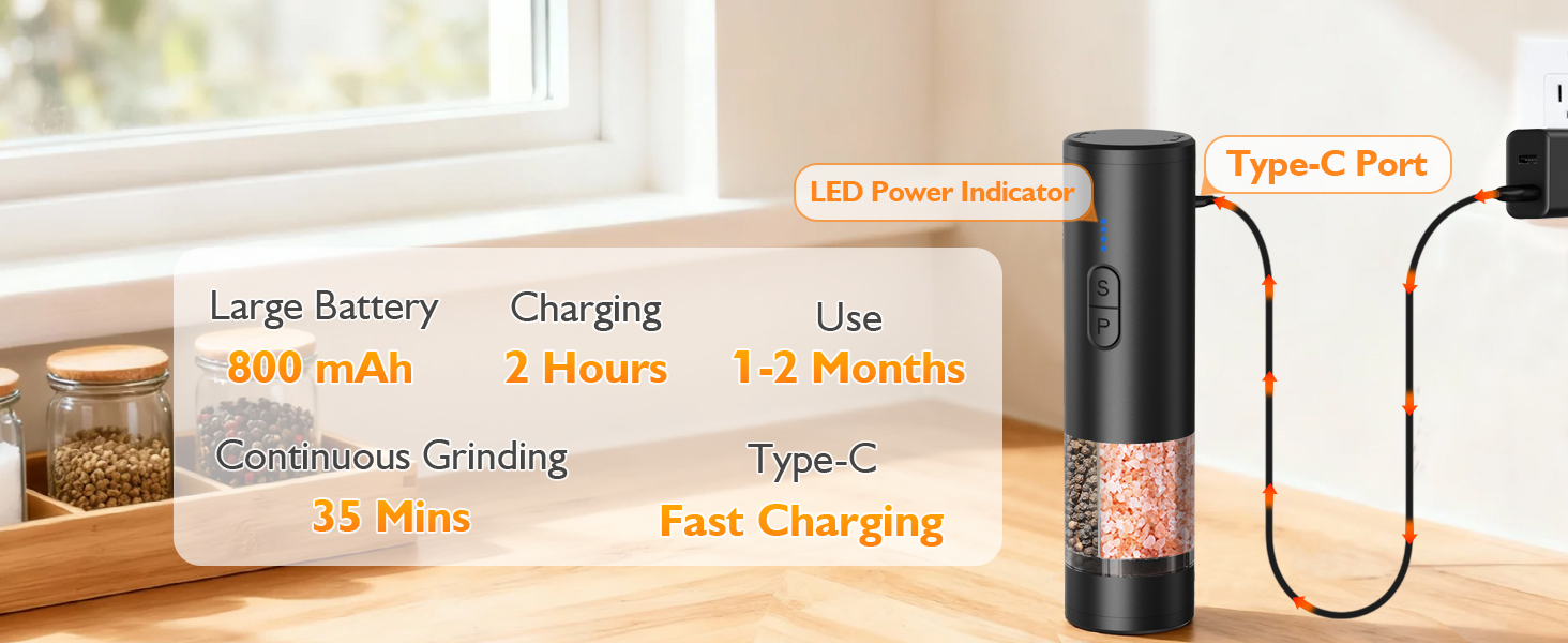 Electric Salt and Pepper Grinder Set, 2 in 1 Dual Bins USB Rechargeable Refillable Automatic Salt and Pepper Mill Shaker with LED Light, Dual Ceramic Grinder Adjustable Coarseness, kitchen gift, Black