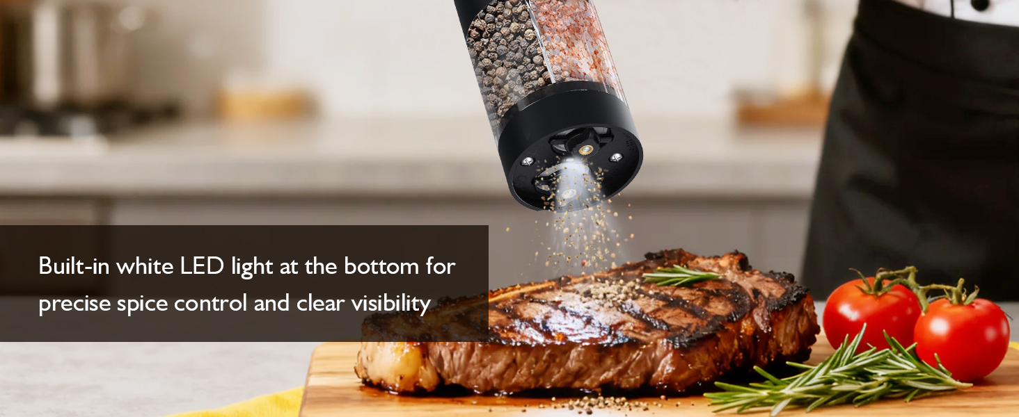 Electric Salt and Pepper Grinder Set, 2 in 1 Dual Bins USB Rechargeable Refillable Automatic Salt and Pepper Mill Shaker with LED Light, Dual Ceramic Grinder Adjustable Coarseness, kitchen gift, Black