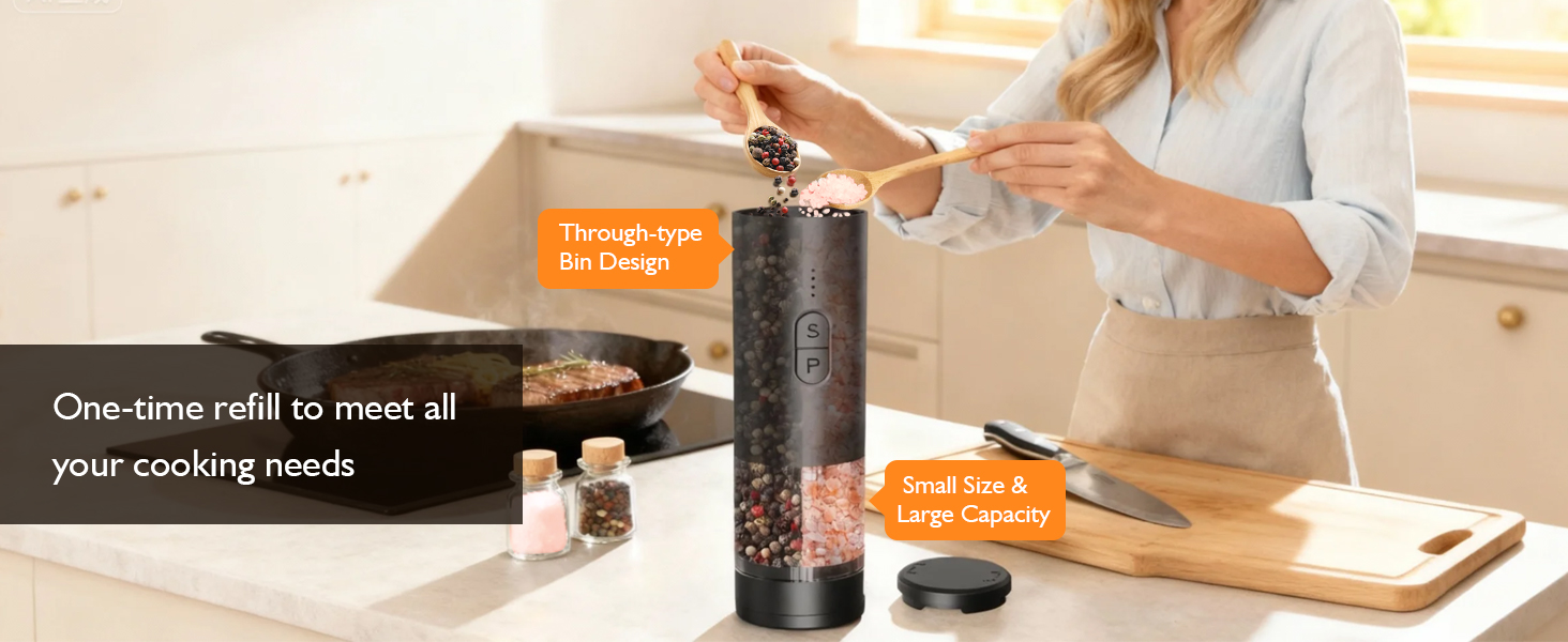 Electric Salt and Pepper Grinder Set, 2 in 1 Dual Bins USB Rechargeable Refillable Automatic Salt and Pepper Mill Shaker with LED Light, Dual Ceramic Grinder Adjustable Coarseness, kitchen gift, Black