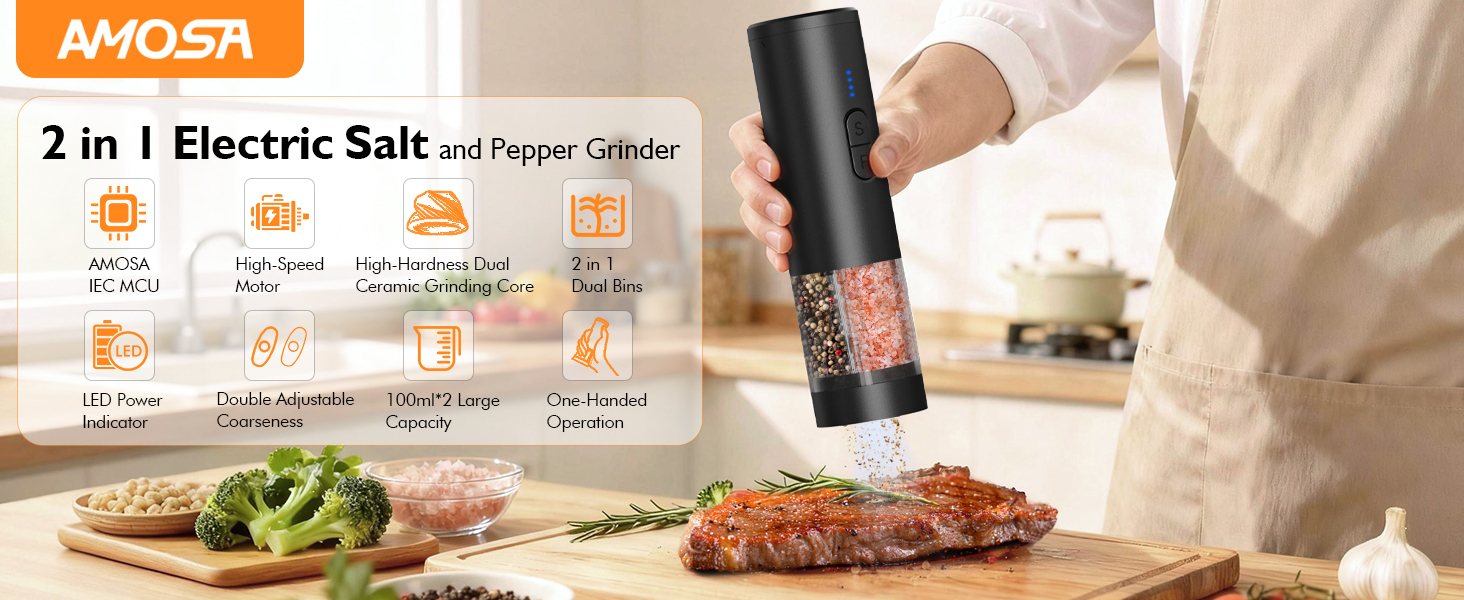 Electric Salt and Pepper Grinder Set, 2 in 1 Dual Bins USB Rechargeable Refillable Automatic Salt and Pepper Mill Shaker with LED Light, Dual Ceramic Grinder Adjustable Coarseness, kitchen gift, Black