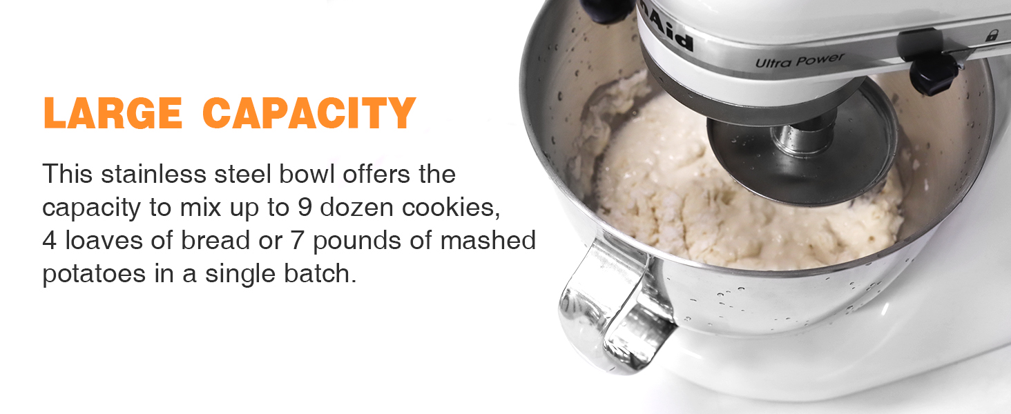 5 QT Food-Grade Stainless Steel Mixer Bowl Compatible With KITCHENAID TILT-HEAD STAND MIXERS 4.5-5 Quart, with Anti-slip handle & Prominent Clasp, Stainless Steel Polished