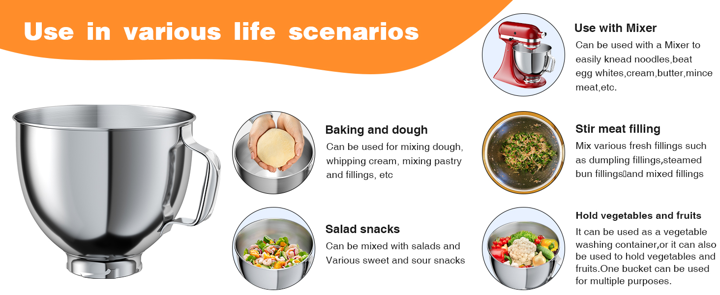 5 QT Food-Grade Stainless Steel Mixer Bowl Compatible With KITCHENAID TILT-HEAD STAND MIXERS 4.5-5 Quart, with Anti-slip handle & Prominent Clasp, Stainless Steel Polished