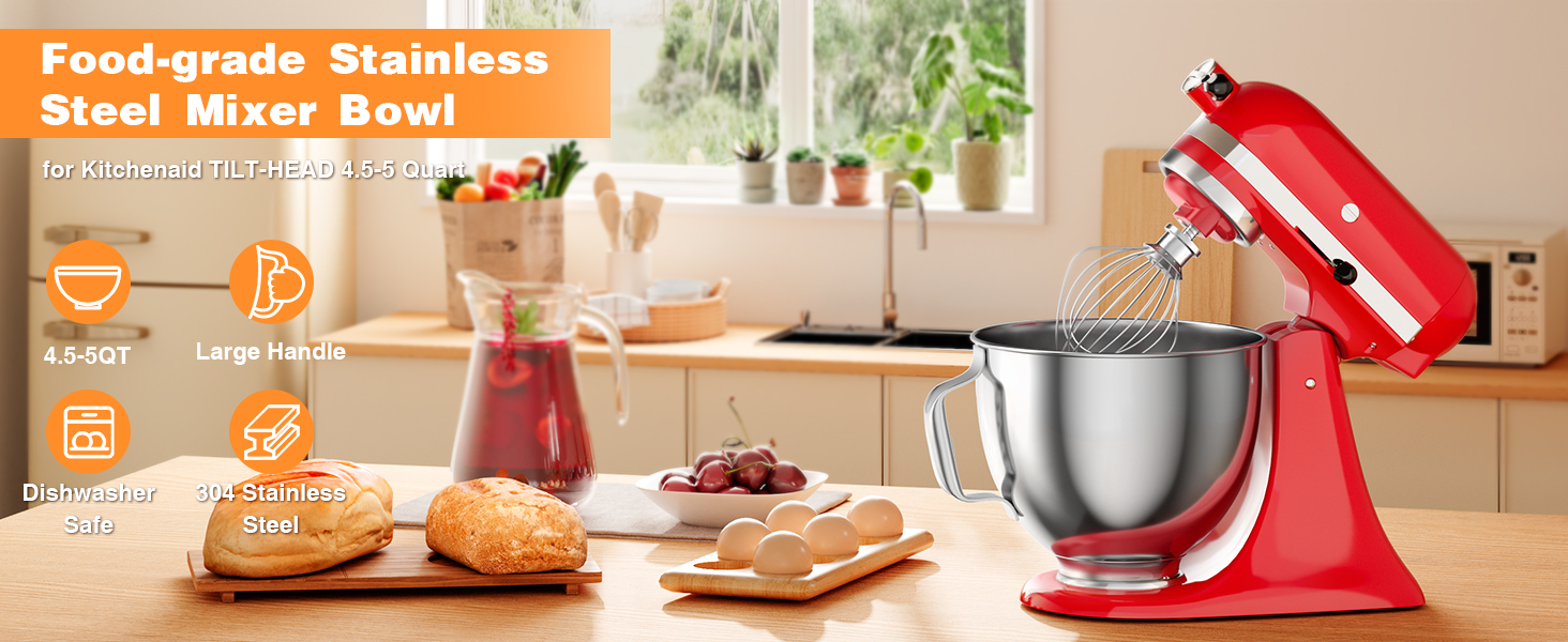 5 QT Food-Grade Stainless Steel Mixer Bowl Compatible With KITCHENAID TILT-HEAD STAND MIXERS 4.5-5 Quart, with Anti-slip handle & Prominent Clasp, Stainless Steel Polished