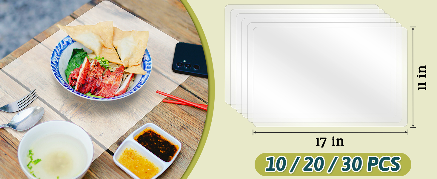 10 Pack Plastic Placemats 17x11 Inch, Clear Place Mats Wipeable, Vinyl Table Mats for Kitchen Dining Table Protection, Craft Projects, Shelf and Drawer Liner