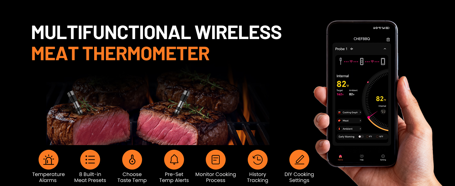 Smart Bluetooth Wireless Meat Thermometer, Real-Time Monitoring Control Digital Thermometer with Smart App, Meat Probe IP67 Waterproof High Accuracy Perfect for BBQ, Oven, Grill & Smoker