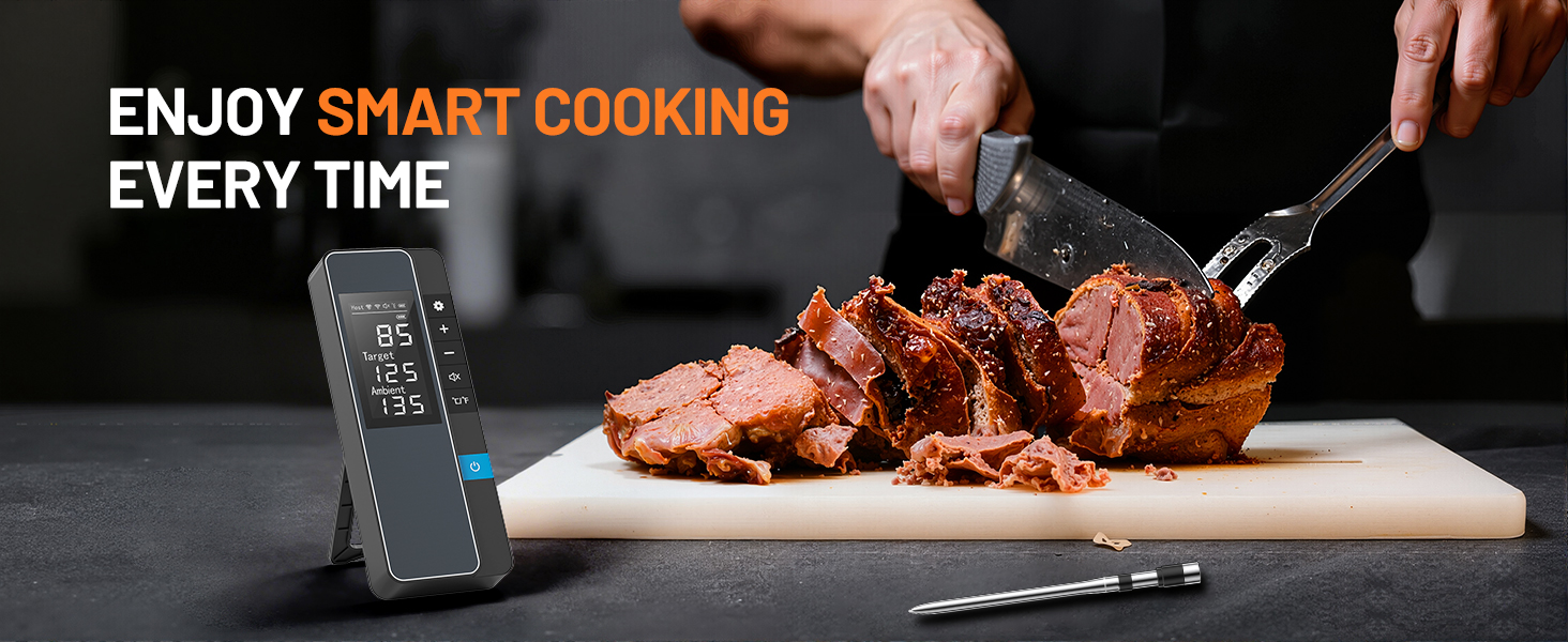 Smart Bluetooth Wireless Meat Thermometer, Real-Time Monitoring Control Digital Thermometer with Smart App, Meat Probe IP67 Waterproof High Accuracy Perfect for BBQ, Oven, Grill & Smoker
