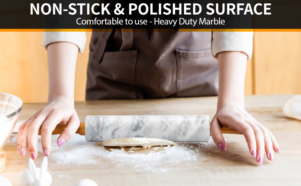 16.7 Inches Marble Rolling Pin for Baking with Wooden Handles & Wooden Cradle - Rolling Pin for making Pizza Dough & Tortillas, Dough Roller for Pasta, Cookie, Pie Crust and More!