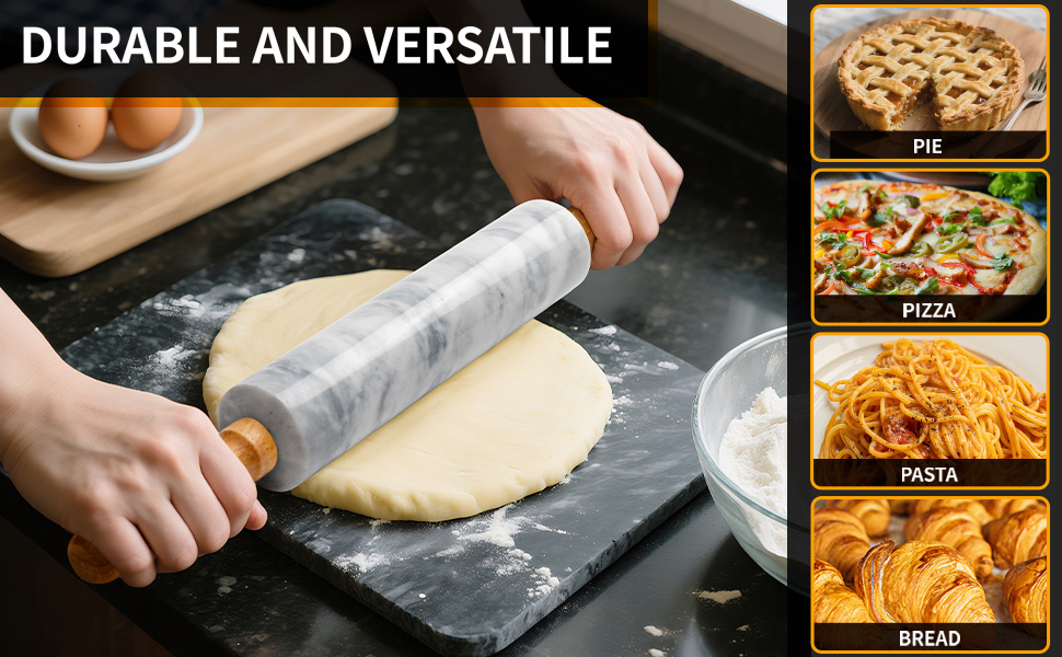 16.7 Inches Marble Rolling Pin for Baking with Wooden Handles & Wooden Cradle - Rolling Pin for making Pizza Dough & Tortillas, Dough Roller for Pasta, Cookie, Pie Crust and More!