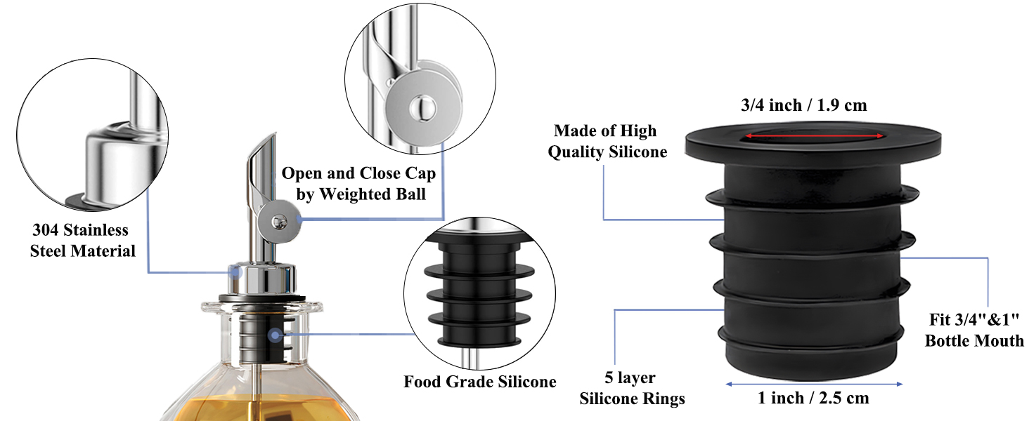 3 Pack Olive Oil Pour Spout with Adapters, Oils Pourer for Olive Oil Dispenser Bottle, Easily Turn Your Bottles into Dispensers for Liquor, Vinegar, Oils, Syrup, Liquor Bottle Pourers, Silver