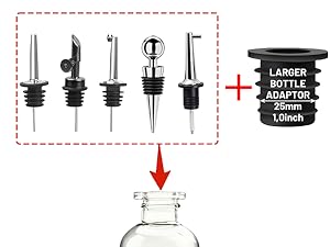 3 Pack Olive Oil Pour Spout with Adapters, Oils Pourer for Olive Oil Dispenser Bottle, Easily Turn Your Bottles into Dispensers for Liquor, Vinegar, Oils, Syrup, Liquor Bottle Pourers, Silver