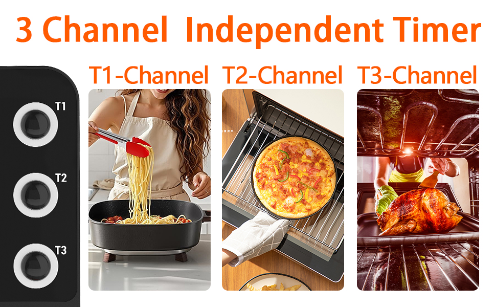 Digital Dual Kitchen Timer, 3 Channels Count Down/Up Multi Timer with Memory-Preset Magnetic Back & Large Display Adjustable Alarm Volume, Suit for Food Cooking, Black