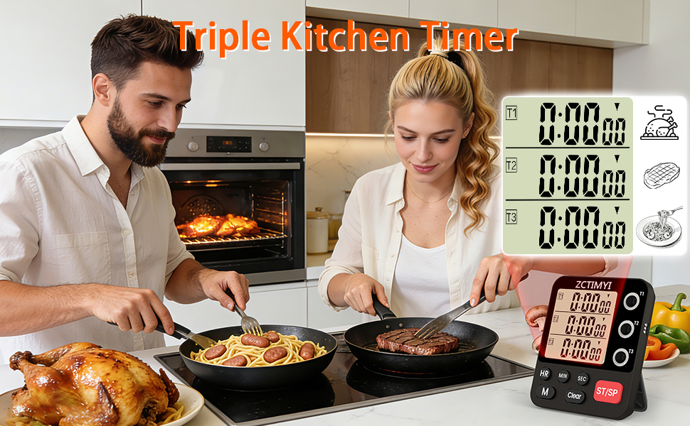 Digital Dual Kitchen Timer, 3 Channels Count Down/Up Multi Timer with Memory-Preset Magnetic Back & Large Display Adjustable Alarm Volume, Suit for Food Cooking, Black