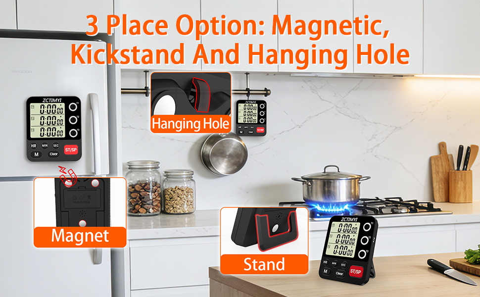 Digital Dual Kitchen Timer, 3 Channels Count Down/Up Multi Timer with Memory-Preset Magnetic Back & Large Display Adjustable Alarm Volume, Suit for Food Cooking, Black