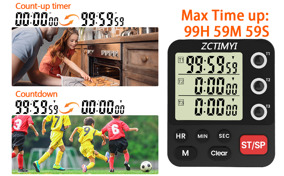 Digital Dual Kitchen Timer, 3 Channels Count Down/Up Multi Timer with Memory-Preset Magnetic Back & Large Display Adjustable Alarm Volume, Suit for Food Cooking, Black