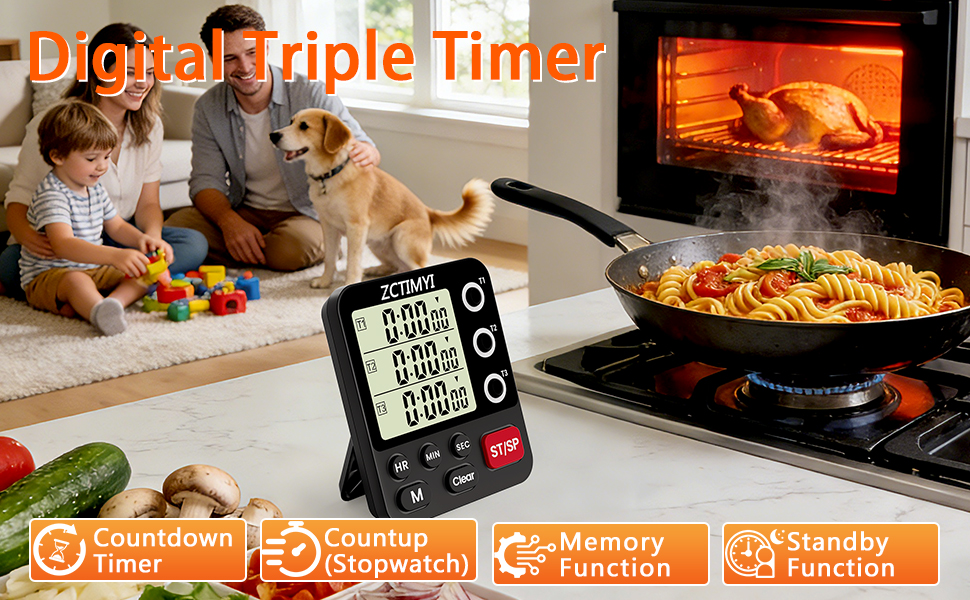 Digital Dual Kitchen Timer, 3 Channels Count Down/Up Multi Timer with Memory-Preset Magnetic Back & Large Display Adjustable Alarm Volume, Suit for Food Cooking, Black