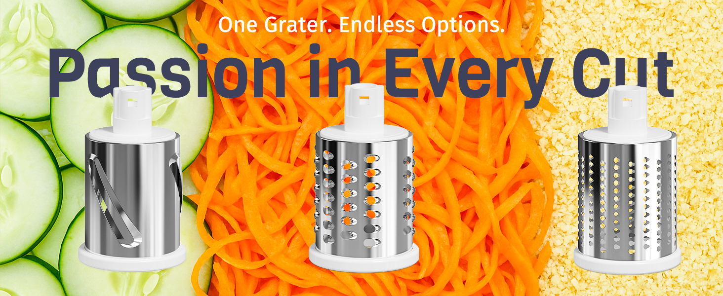 Rotary Cheese Grater Hand Crank, 3 Interchangeable Blades, Shredder Slicer, Strong Suction Base, No-Cut-Hands Design for Parmesan Mozzarella Vegetables Nuts, Fast Kitchen Prep Tool, Blue