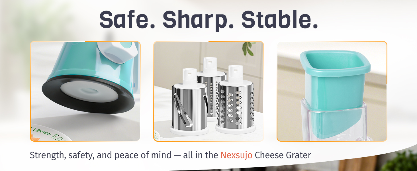 Rotary Cheese Grater Hand Crank, 3 Interchangeable Blades, Shredder Slicer, Strong Suction Base, No-Cut-Hands Design for Parmesan Mozzarella Vegetables Nuts, Fast Kitchen Prep Tool, Blue