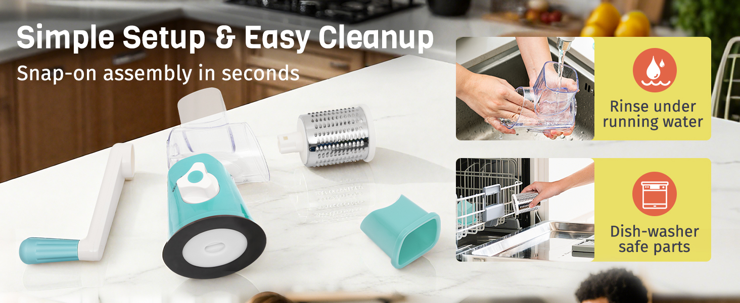 Rotary Cheese Grater Hand Crank, 3 Interchangeable Blades, Shredder Slicer, Strong Suction Base, No-Cut-Hands Design for Parmesan Mozzarella Vegetables Nuts, Fast Kitchen Prep Tool, Blue