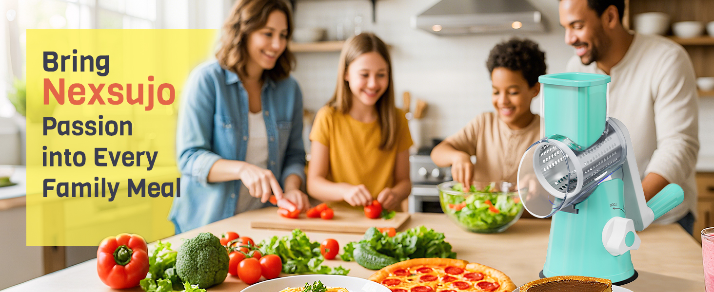 Rotary Cheese Grater Hand Crank, 3 Interchangeable Blades, Shredder Slicer, Strong Suction Base, No-Cut-Hands Design for Parmesan Mozzarella Vegetables Nuts, Fast Kitchen Prep Tool, Blue