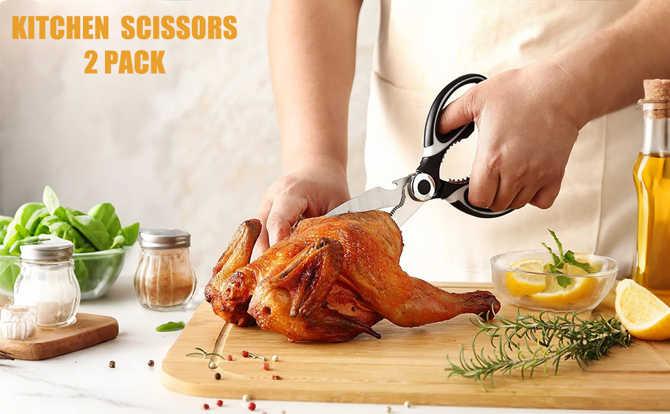 Kitchen Scissors All Purpose 2 Pack, Heavy Duty Kitchen Shears, Shears with Protective Sheath, Cutting Meat, Food, Fish, Poultry Multipurpose Sharp Sissors for Dishwasher Safe (Black)