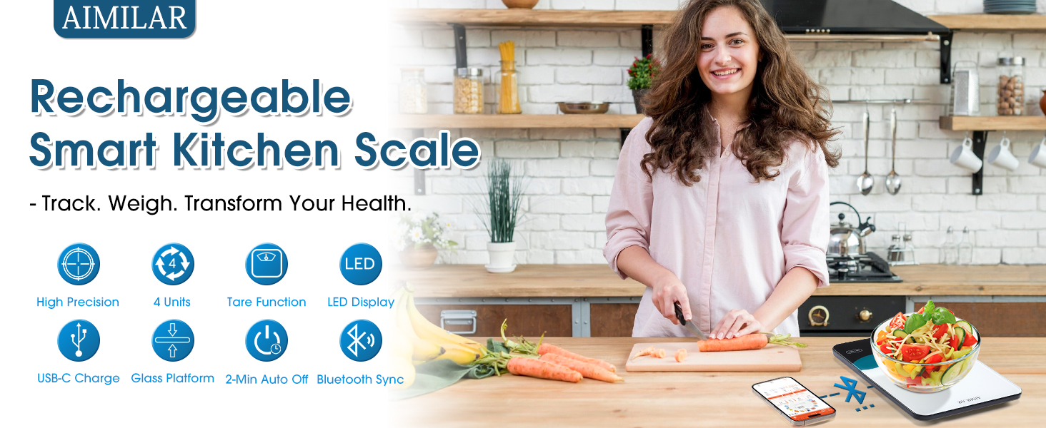 AIMILAR Bluetooth Kitchen Scale 10kg/22lb - Smart Nutrition Food Scale with App Calorie & Macro Tracker, Nutritional Analysis, USB-C Rechargeable, Tempered Glass, LED Display, Tare, g/lb:oz/oz/ml