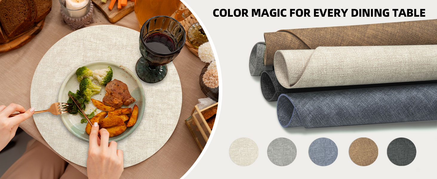 Round Placemats Set of 6, 15 Inch Faux Leather Place mats, Washable Wipeable Non Slip, Heat Resistant Waterproof Vinyl Table Mats for Dining Table, Kitchen, Party, Beige