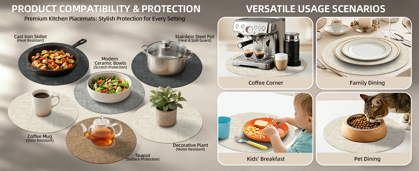 Round Placemats Set of 6, 15 Inch Faux Leather Place mats, Washable Wipeable Non Slip, Heat Resistant Waterproof Vinyl Table Mats for Dining Table, Kitchen, Party, Beige