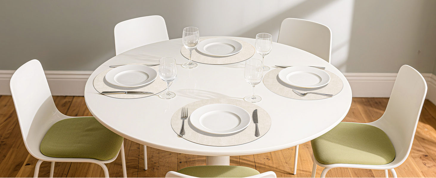 Round Placemats Set of 6, 15 Inch Faux Leather Place mats, Washable Wipeable Non Slip, Heat Resistant Waterproof Vinyl Table Mats for Dining Table, Kitchen, Party, Beige