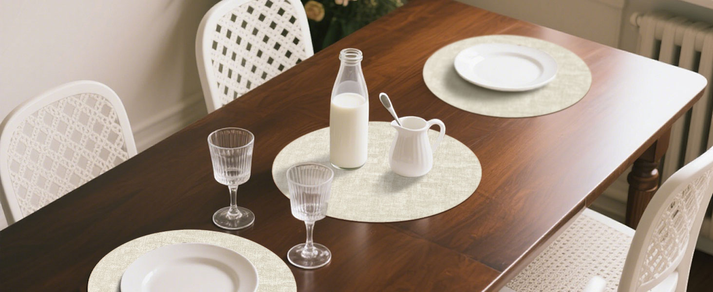 Round Placemats Set of 6, 15 Inch Faux Leather Place mats, Washable Wipeable Non Slip, Heat Resistant Waterproof Vinyl Table Mats for Dining Table, Kitchen, Party, Beige