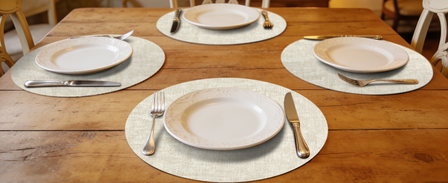 Round Placemats Set of 6, 15 Inch Faux Leather Place mats, Washable Wipeable Non Slip, Heat Resistant Waterproof Vinyl Table Mats for Dining Table, Kitchen, Party, Beige