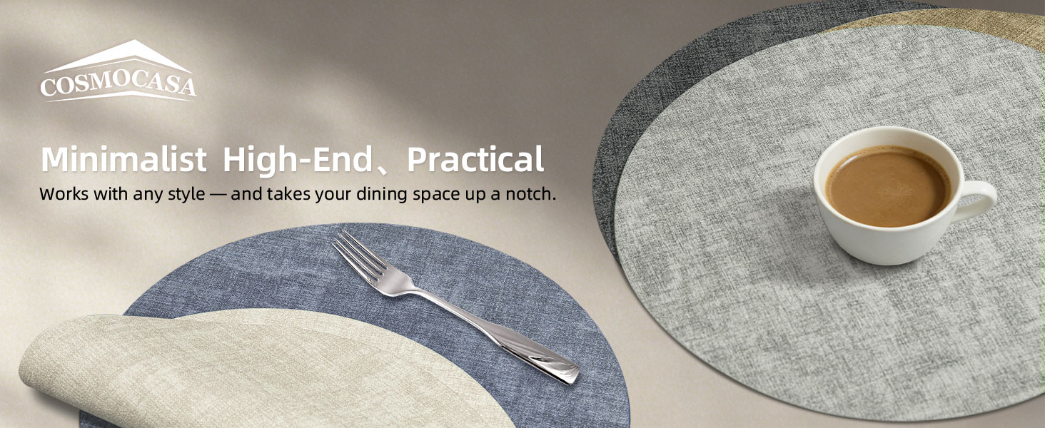 Round Placemats Set of 6, 15 Inch Faux Leather Place mats, Washable Wipeable Non Slip, Heat Resistant Waterproof Vinyl Table Mats for Dining Table, Kitchen, Party, Beige