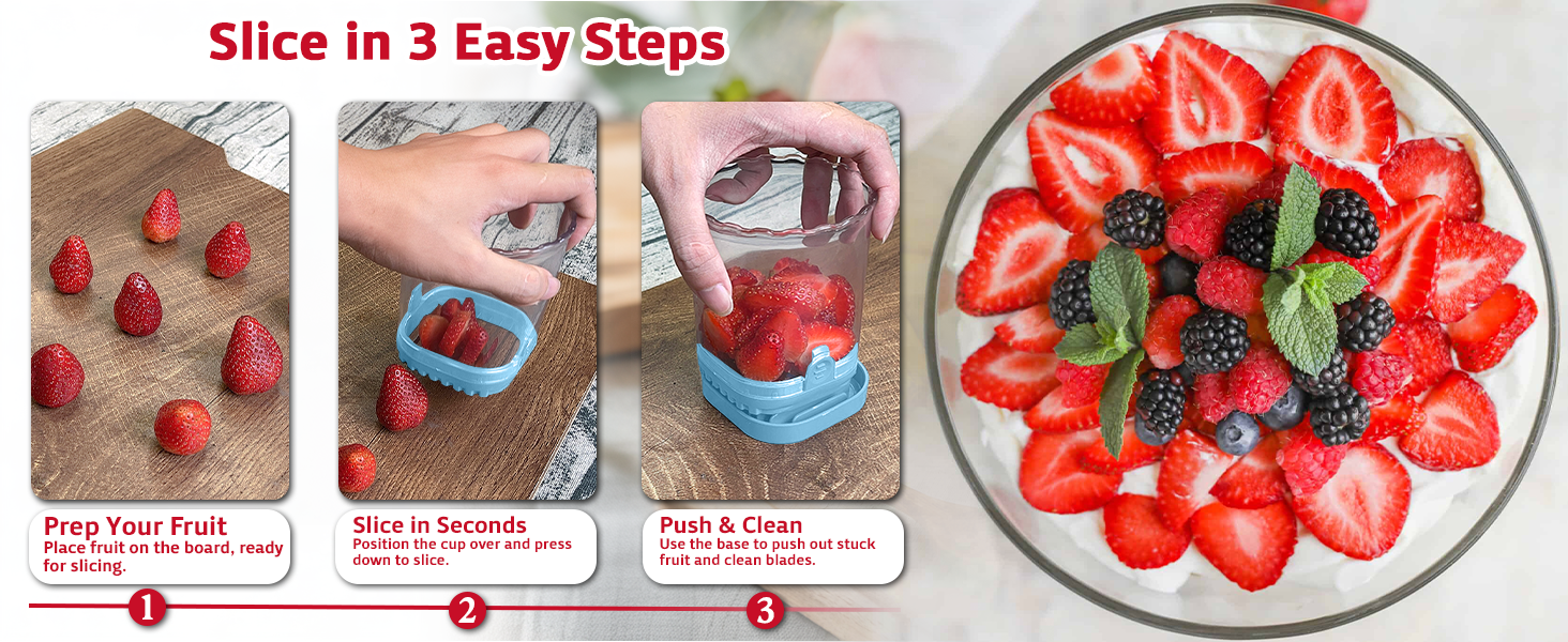 Strawberry Slicer Cup with Push Plate, Fruit Cutter Kitchen Gadget for Egg, Kiwi, Banana, Cucumber, Easy Fruit & Vegetable Slicer, Strawberry Cutter Tool for Quick Safe Cutting (Blue)