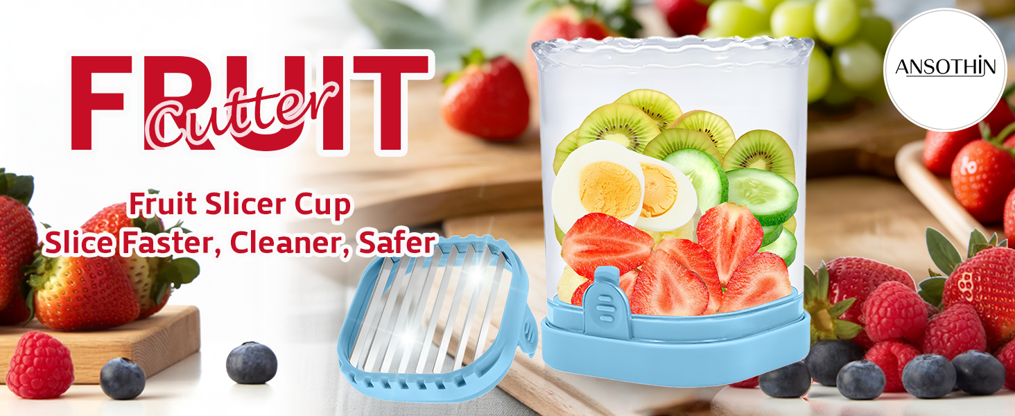 Strawberry Slicer Cup with Push Plate, Fruit Cutter Kitchen Gadget for Egg, Kiwi, Banana, Cucumber, Easy Fruit & Vegetable Slicer, Strawberry Cutter Tool for Quick Safe Cutting (Blue)