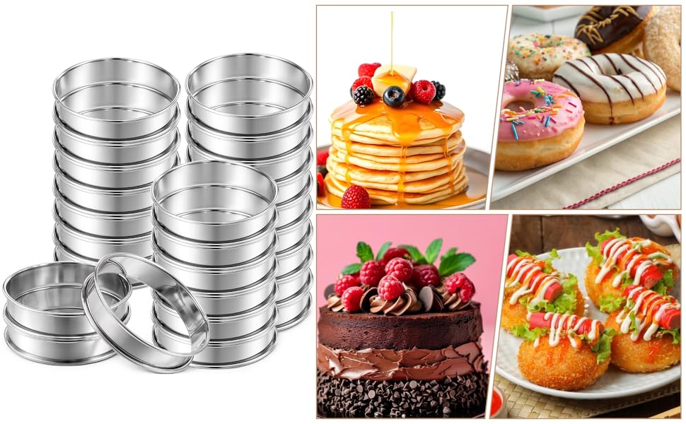25 Pcs 4 Inch English Muffin Ring, Double Rolled Tart Rings, Stainless Steel Crumpet Rings, Round Metal Cooking Pastry Ring Molds, for Baking Fluffy Muffins, Pancakes, Pastry, Omelette, Silver
