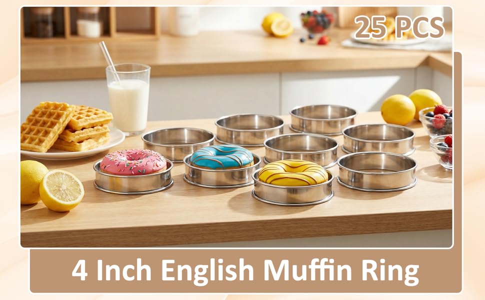 25 Pcs 4 Inch English Muffin Ring, Double Rolled Tart Rings, Stainless Steel Crumpet Rings, Round Metal Cooking Pastry Ring Molds, for Baking Fluffy Muffins, Pancakes, Pastry, Omelette, Silver