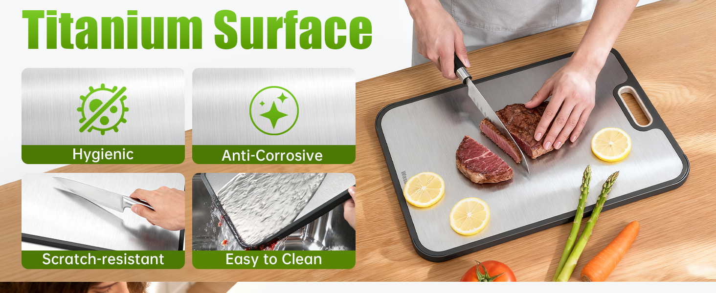 Titanium Cutting Boards for Kitchen, Non Toxic 2-in-1 Cutting Board Double Sided, Food Grade Chopping Boards for Fresh Meat Vegetable, Easy to Clean Large Size 16”×11”