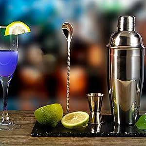 Cocktail Shaker Set, 6-Piece 24oz Shaker Strainer Muddler Jigger Mixing Spoon Pourers (Set of 6)