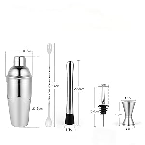 Cocktail Shaker Set, 6-Piece 24oz Shaker Strainer Muddler Jigger Mixing Spoon Pourers (Set of 6)