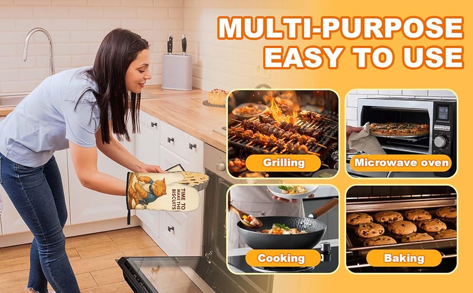 Cute Cat Oven Mitts and Pot Holder Set, Funny Heat Resistant Kitchen Gloves Hot Pad, Cooking Baking Lovers Spring Easter Gifts for Women, Whimsical Kitchen Decor & Gifts for Chef Cooks Cat Lovers Mom