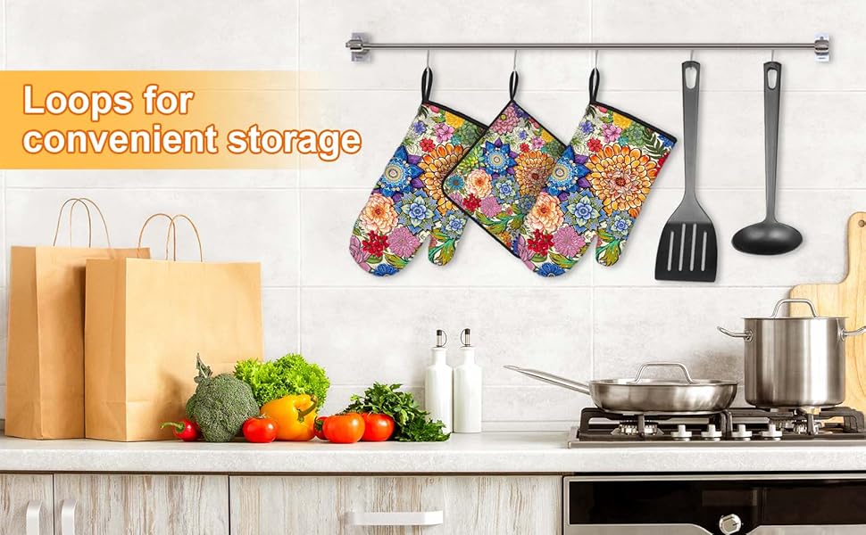 Boho Floral Oven Mitts and Pot Holders Sets of 3, Colorful Flowers Heat Resistant Kitchen Gloves Hot Pads, Chef Baking Gifts for Baker Women Mom Wife, Spring Easter Kitchen Gifts for Cooking Lover