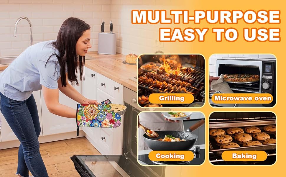 Boho Floral Oven Mitts and Pot Holders Sets of 3, Colorful Flowers Heat Resistant Kitchen Gloves Hot Pads, Chef Baking Gifts for Baker Women Mom Wife, Spring Easter Kitchen Gifts for Cooking Lover