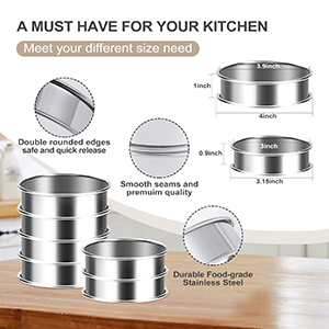 8Pcs Crumpet Rings, 4 & 3.15 Inches Nonstick English Muffin Rings, Stainless Steel Double Rolled Tart Ring, Round Metal Pastry Ring Molds for Baking Cake Dessert Food Making Tool