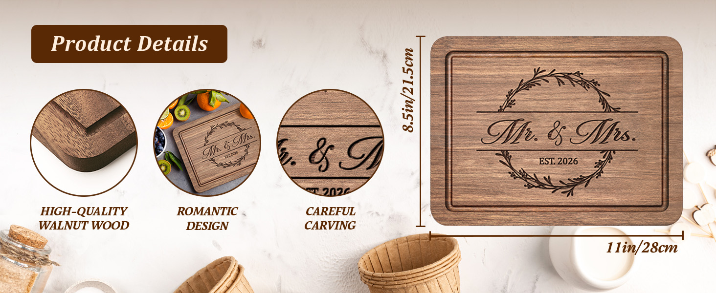 Craftique Wedding Gifts for Couples 2026, Bridal Shower Gifts- Walnut Wood Cutting Board Engraved with Mr. and Mrs. EST. 2026- Mr and Mrs/Wedding/Engagement Gift for Newlyweds Bride and Groom