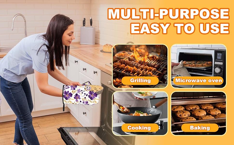 Spring Purple and Gold Floral Oven Mitts and Pot Holders Sets of 3, Non-Slip Heat Resistant Watercolor Flower Design Kitchen Gloves, Gifts for Women Cooking, Elegant Kitchen Decor for Baking Cooking