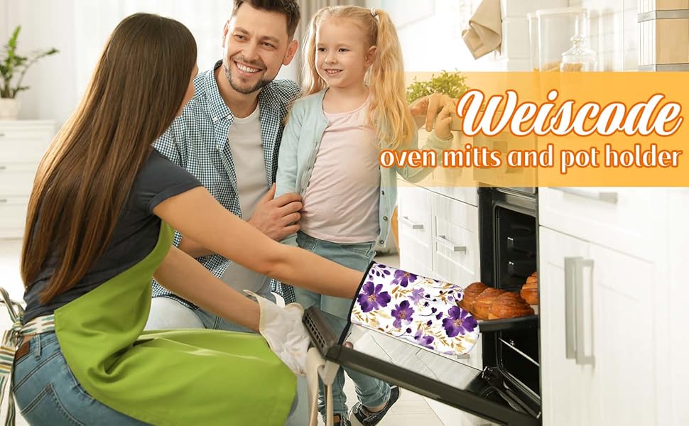 Spring Purple and Gold Floral Oven Mitts and Pot Holders Sets of 3, Non-Slip Heat Resistant Watercolor Flower Design Kitchen Gloves, Gifts for Women Cooking, Elegant Kitchen Decor for Baking Cooking