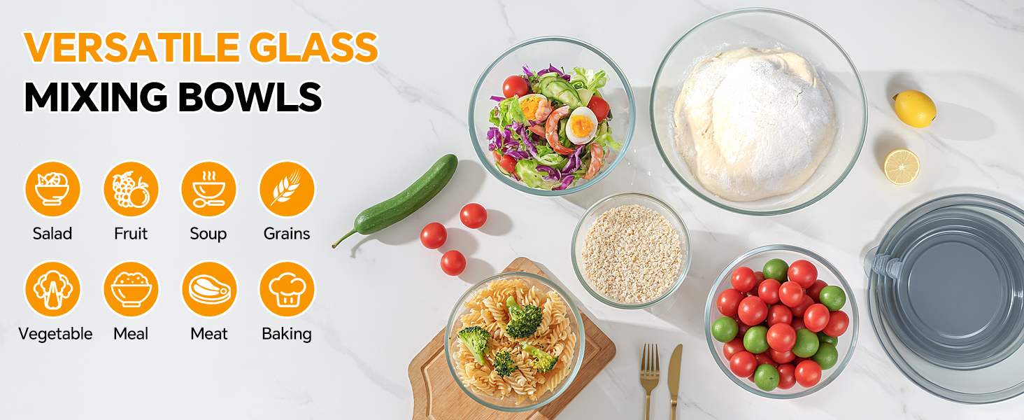 Glass Mixing Bowls with Lids Set of 5(4.78QT,2.2QT,1.7QT,1.1QT,0.85QT),Thick Glass Nesting Bowls for Kitchen Baking,Cooking Prep,Storage,Serving,Large Salad Bowls,Dishwasher Microwave Freezer Safe