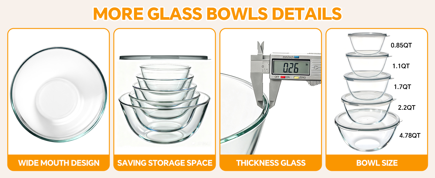 Glass Mixing Bowls with Lids Set of 5(4.78QT,2.2QT,1.7QT,1.1QT,0.85QT),Thick Glass Nesting Bowls for Kitchen Baking,Cooking Prep,Storage,Serving,Large Salad Bowls,Dishwasher Microwave Freezer Safe